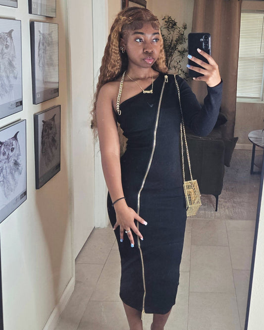 Bri One Shoulder Zip up Midi Dress